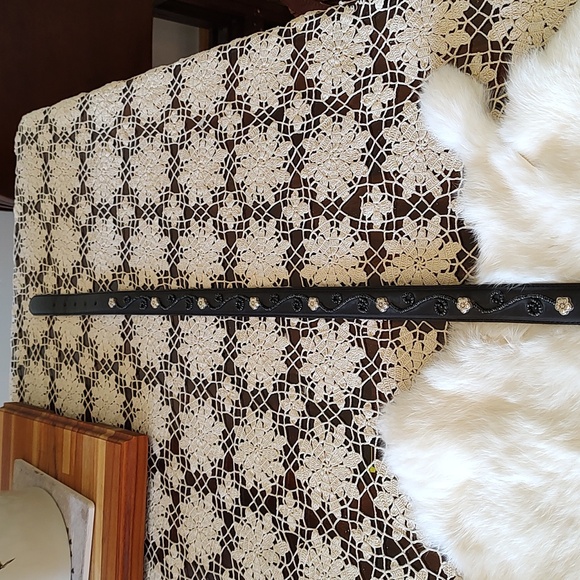 Brighton Leather Silver-tone Beaded Black Floral Belt SZ: 6/8 main image 9
